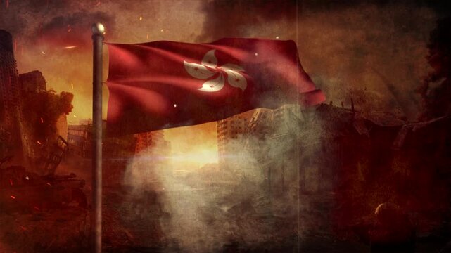 Hong Kong Flag with Cinematic Apocalypse Scene and Burning Cit