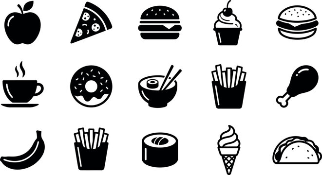 Black silhouette food icons set including apple pizza burger cupcake coffee donut ramen fries chicken banana sushi taco isolated on transparent background