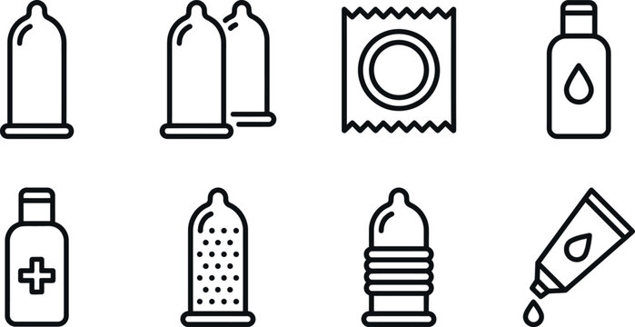 Collection of black line icons depicting various contraceptive methods isolated on transparent background