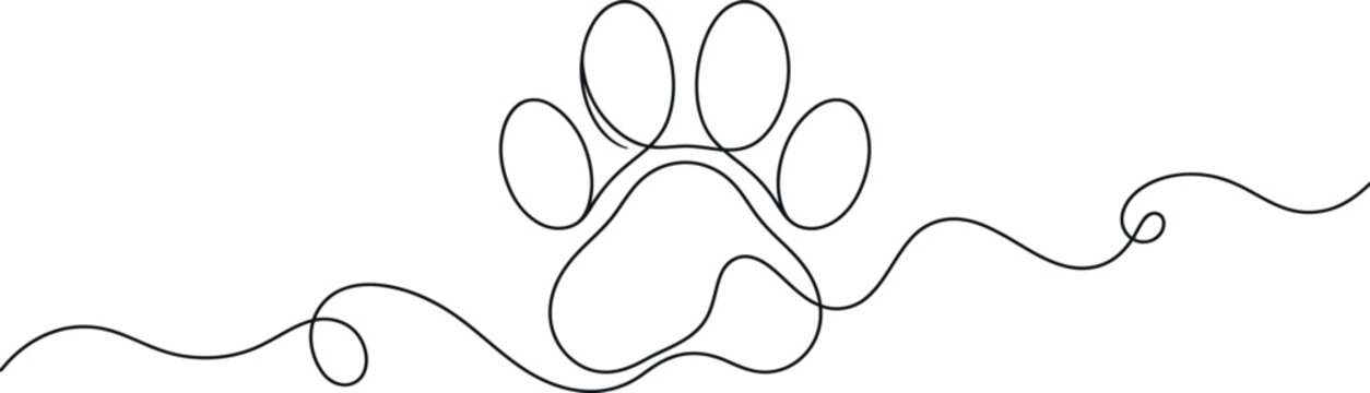 Continuous line drawing of a paw print isolated on transparent background