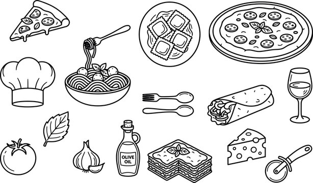 Italian cuisine collection line art illustrations of pasta pizza and culinary elements isolated on transparent background