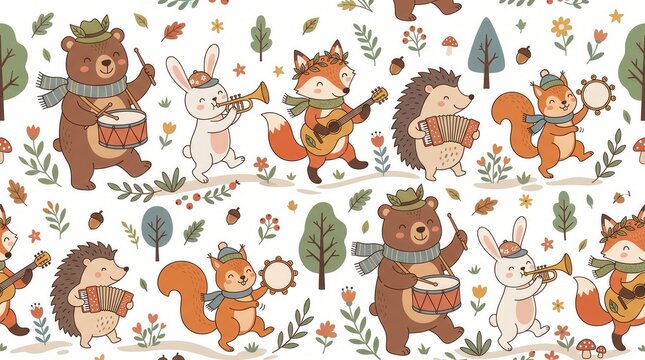 Delightful woodland animals play instruments in outdoor pattern