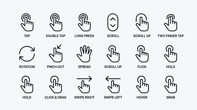 Collection of touchscreen gesture icons for user interface navigation