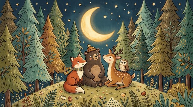 Fox, bear, deer, and owl sit on a grassy hill, watching the crescent moon and stars at night