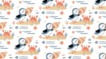 Obraz premium Cartoon puffins hold spiral seashells near smiling crabs on a sandy beach with small waves