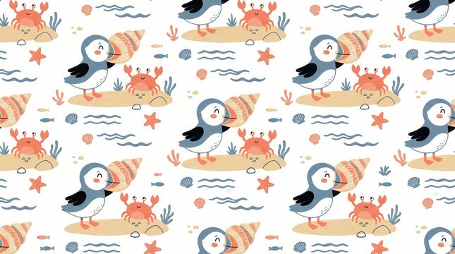 Cartoon puffins hold spiral seashells near smiling crabs on a sandy beach with small waves