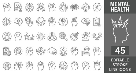 Fototapeta premium Mental health and psychology line icons set. Vector brain wellness therapy psychiatry, stress depression anxiety counseling medical doctor support, heart emotional balance intelligence, editable strok