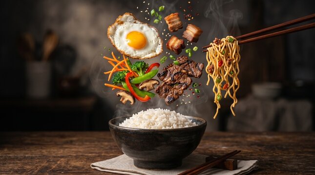 Delicious steaming stir fry ingredients levitating above a rice bowl