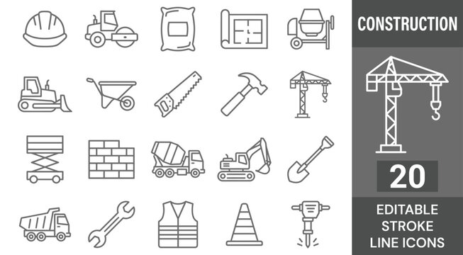 Construction and industrial line icons set. Vector building engineering heavy machinery tool, crane excavator truck concrete mixer blueprint hammer saw brick wall safety vest, outline, editable stroke