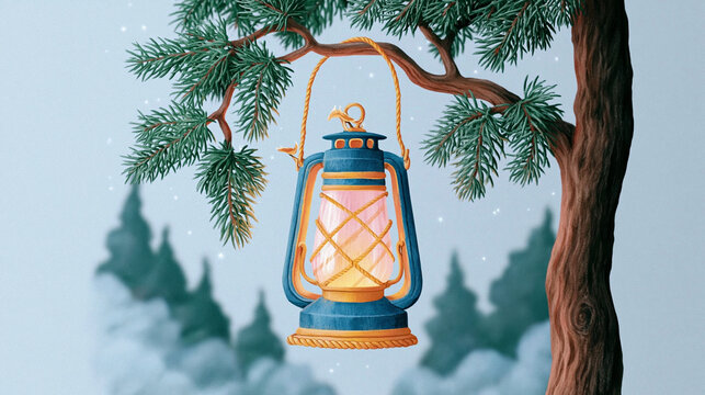 Lantern Hanging From Pine Tree Branch in Misty Forest