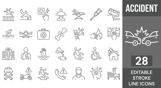 Accident and emergency line icons set. Vector injury medical first aid hospital care, car crash broken bone plane fall shock burn drowning disaster, safety hazard warning, outline, editable stroke.