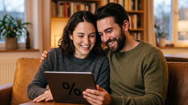 Couple Laughing While Looking at Tablet with Percentage Sign Black Friday discount concept