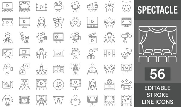 Spectacle and theater show line icons set. Vector movie cinema performance event, stage curtain television media screen clapperboard camera, drama mask actor festival, outline, editable stroke.