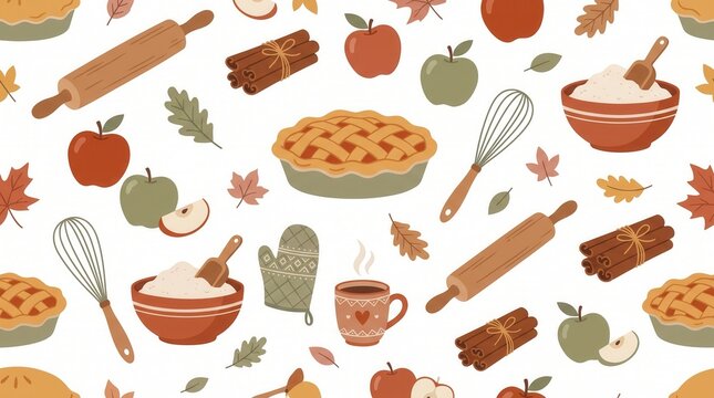 Baking elements like fresh apples, cinnamon, pies, and rolling pins fill a seamless autumn design