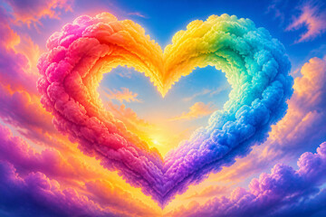 Naklejka premium Rainbow cloud heart forming over colorful sunset sky