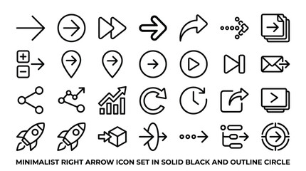 Fototapeta premium Minimalist right arrow icon set in solid black and outline circle styles including navigation pointers play buttons cloud sync progress bars and data direction indicators.