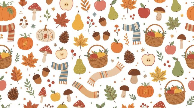Seamless autumn pattern: pumpkins, fruit, leaves, and warm scarves