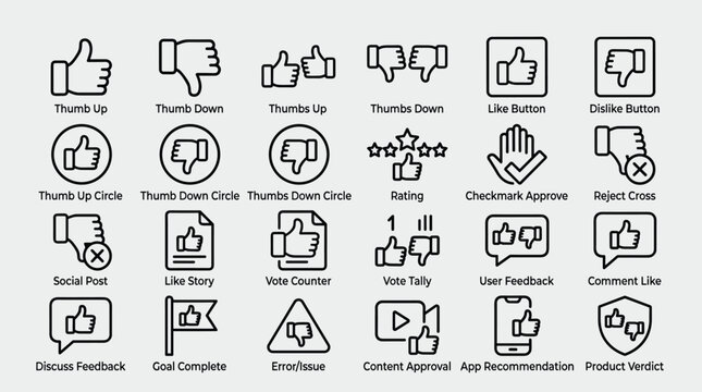 Minimalist icon set showcasing thumb up thumb down like dislike voting rating checkmark reject cross social media post user feedback content approval app recommendation product.