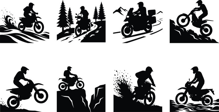 Adventure Motorcycle Riding Black Silhouette Collection Featuring Off Road Enduro Touring and Trail Action Scenes