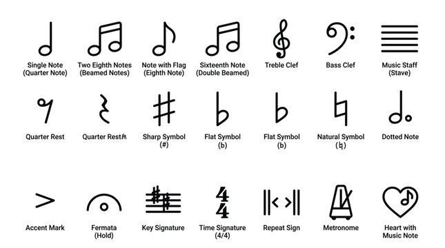 Musical notation symbols set featuring notes clefs rests and staff elements including quarter note treble clef bass clef flat symbol sharp sign metronome and heart music note.