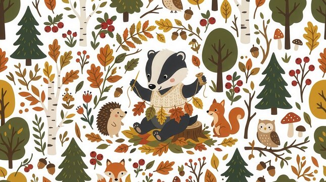 Friendly badger stitches autumn leaves into a garland with woodland animals in a lively forest