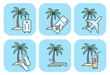Fototapeta premium Flat vector icon set of tropical palm trees and summer travel elements. Illustrations for vacation design