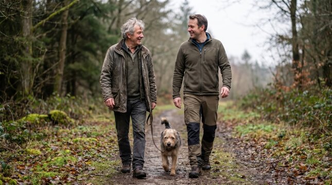 Two smiling men walking a dog on a leash along a path in an autumn forest