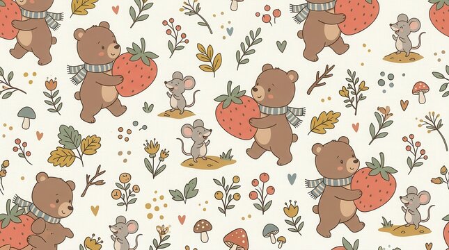 Cute bears in striped scarves carry strawberries, with tiny mice in sweet forest