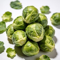 Obraz premium Close up pile of fresh brussels sprouts with leaves on white surface