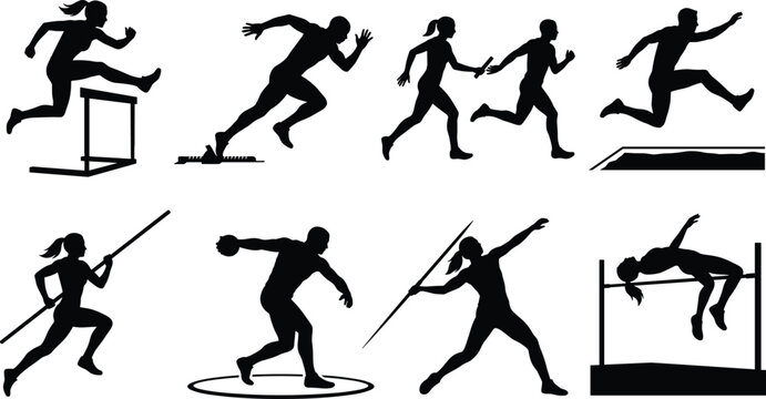 Track and Field Athletics Silhouette Collection Featuring Running Hurdles Relay Javelin Discus and High Jump Events
