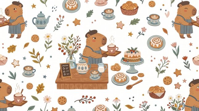 A friendly capybara barista serves coffee and pastries in a cute seamless cafe pattern