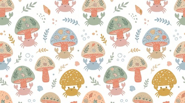 Whimsical seamless pattern featuring happy cartoon crabs with mushroom caps, seashells, and leaves