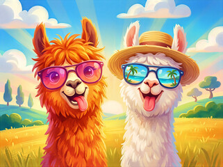 Obraz premium Cheerful pair of camelids, including a bright orange llama and a white alpaca, enjoy a summer day. These playful woolly lounge under bright rays in a vibrant field.