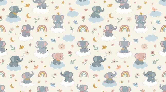 Cute elephants sit and play on clouds with birds, rainbows, and stars in a soft pastel design