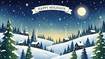 Fototapeta premium Snowy Mountain Landscape with Moonlit Holiday Banner and Festive Winter Forest Scene