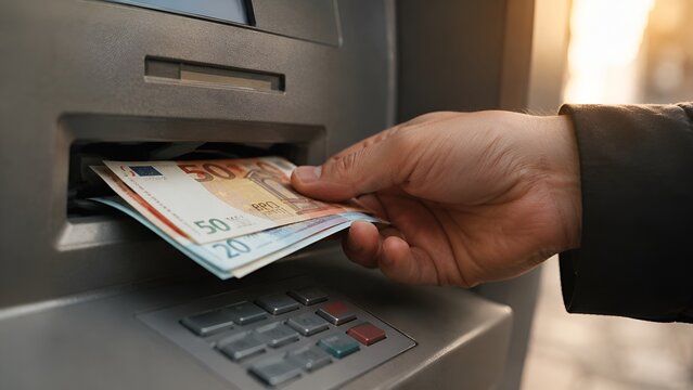 Close-up of a hand withdrawing Euro banknotes from a generic ATM cash dispenser slot. Concept of financial transaction, banking, and cash payout.