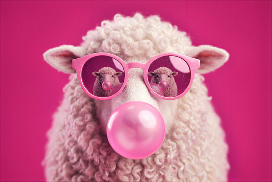 Funny ewe wearing bright pink sunglasses while blowing a bubble. This woolly lamb, or fleece covered baa, features a playful expression against a vibrant magenta backdrop.