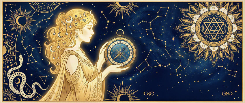Mystical star maiden or cosmic seer holds a glowing celestial sphere amidst swirling. This astral enchantress navigates the heavens using her ornate compass.