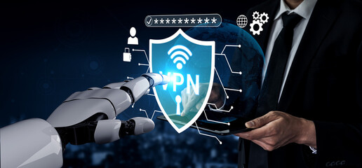 Fototapeta premium Futuristic Robot Hand Interacting with VPN Shield and Digital Interface Representing Cybersecurity and Data Protection Concept in Modern Technology Environment Haptic.
