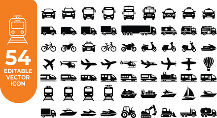Transportation and Logistics Icon Set with 54 Vehicle Vector Glyphs for Transit, Aviation, and Marine Design © MS Studio1