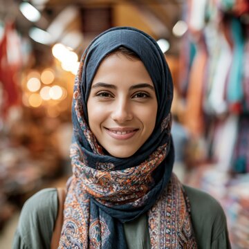 Smiling beautiful middle eastern young woman wearing a hijab looking at the camera