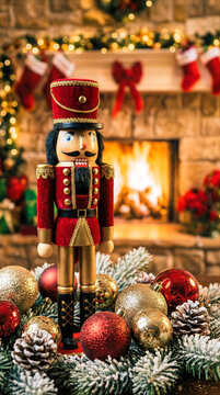 Classic soldier nutcracker stands tall among glittering baubles and pine. This festive wooden soldier brings holiday spirit to a cozy scene featuring a warm fireplace background.