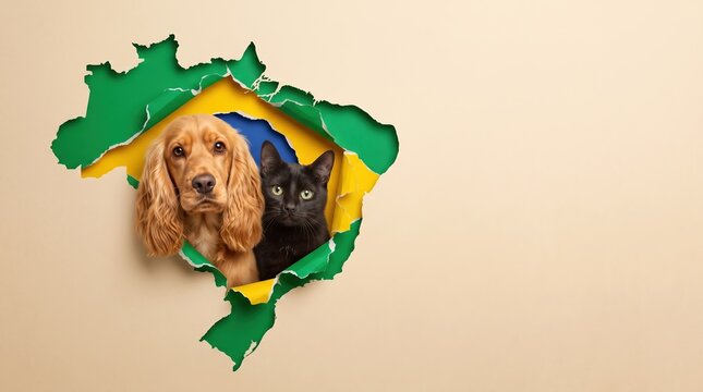 golden cocker spaniel and black cat looking at camera through torn brazil map paper in national flag colors, patriotic pet celebration concept