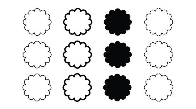 Collection of twelve circular scalloped border shapes featuring solid black strokes and decorative dashed outlines