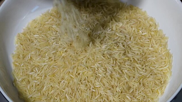 Pouring raw basmati rice into a white bowl, close up view.