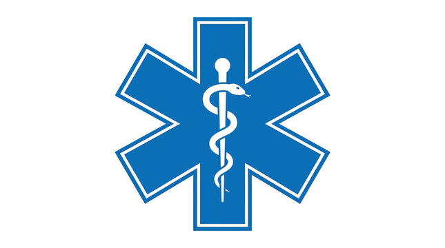 Bright blue star of life symbol featuring a white rod and snake in flat design