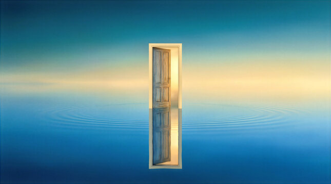 Lone portal or gateway stands amidst a vast seascape, reflecting on the still water surface. This dreamlike threshold or way out offers a glimpse of light against a deep blue.
