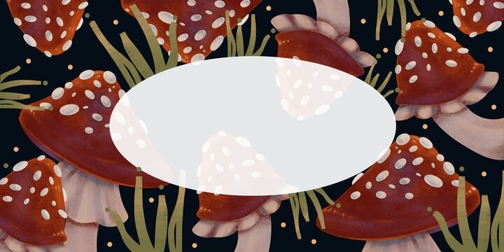 Fly Agaric Mushroom Border Banner with Copy Space, Dark Background, Woodland Forest Frame Illustration, Non-AI Generated, Human Made Illustration