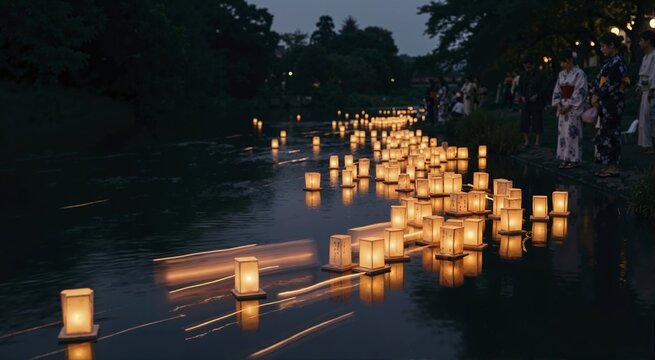 Glowing Toro Nagashi paper lanterns floating on dark river. Japanese Obon festival ceremony at night with people on riverbank