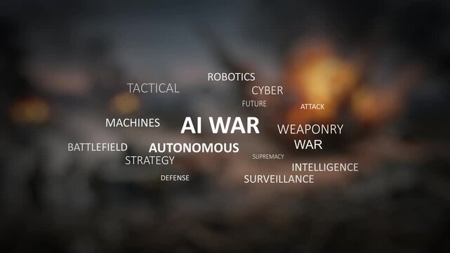AI War Word Cloud Kinetic Typography Animation on Dark Battlefield Fire Background, Stock Video Loop Representing Autonomous Weaponry, Cyber Strategy, Robotics Surveillance, Tactical Intelligence, and